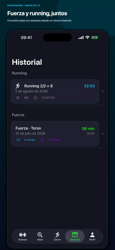 Historial unificado de fuerza y cardio en GymTracker