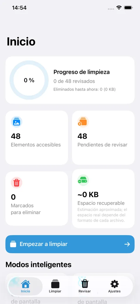 Pantalla de inicio de SwipeClean con el progreso de limpieza