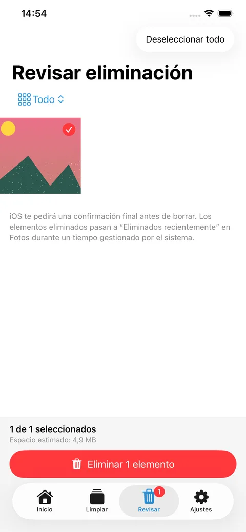 Pantalla de revision segura antes de eliminar en SwipeClean